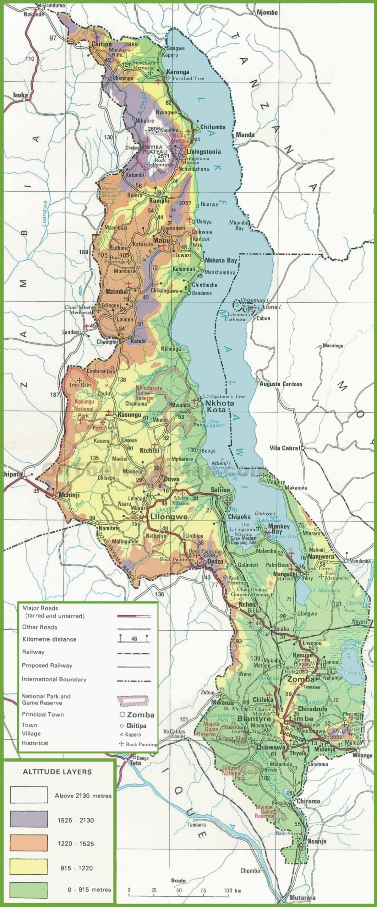mapa fyzická mapa Malawi