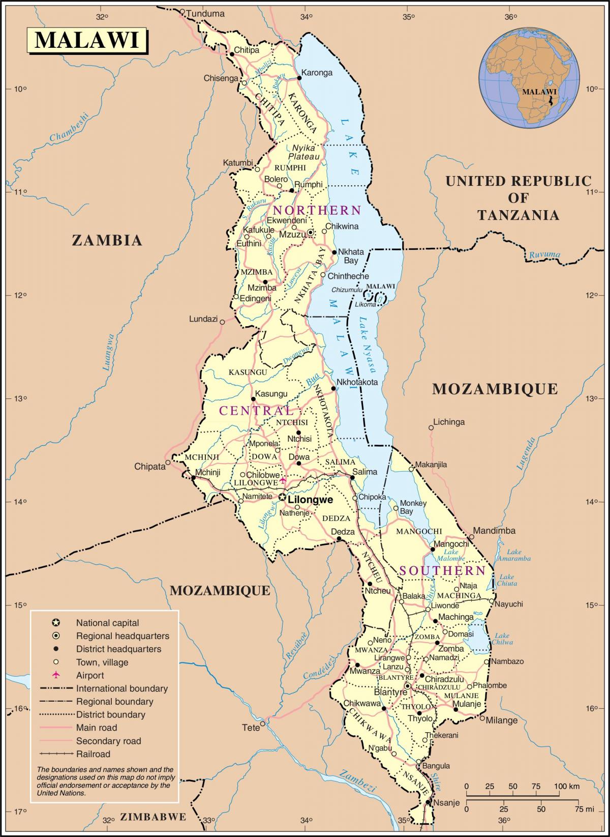 mapa Malawi ukazuje silnice