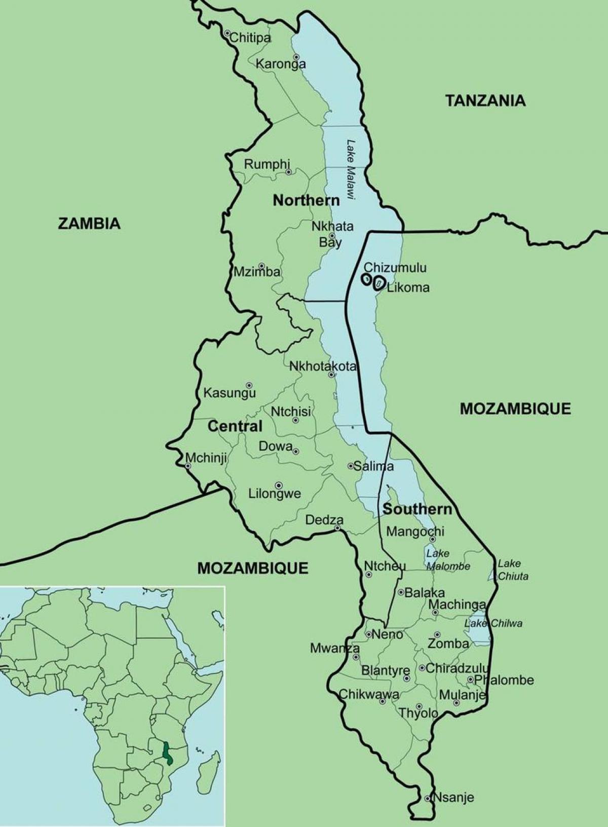 mapa Malawi ukazuje okresů